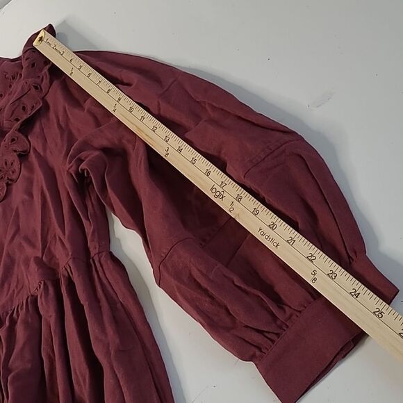 $140 NEW MADEWELL LONG SLEEVE MULBERRY MAROON RUFFLE MINI DRESS L LARGE NWT - Picture 3 of 14